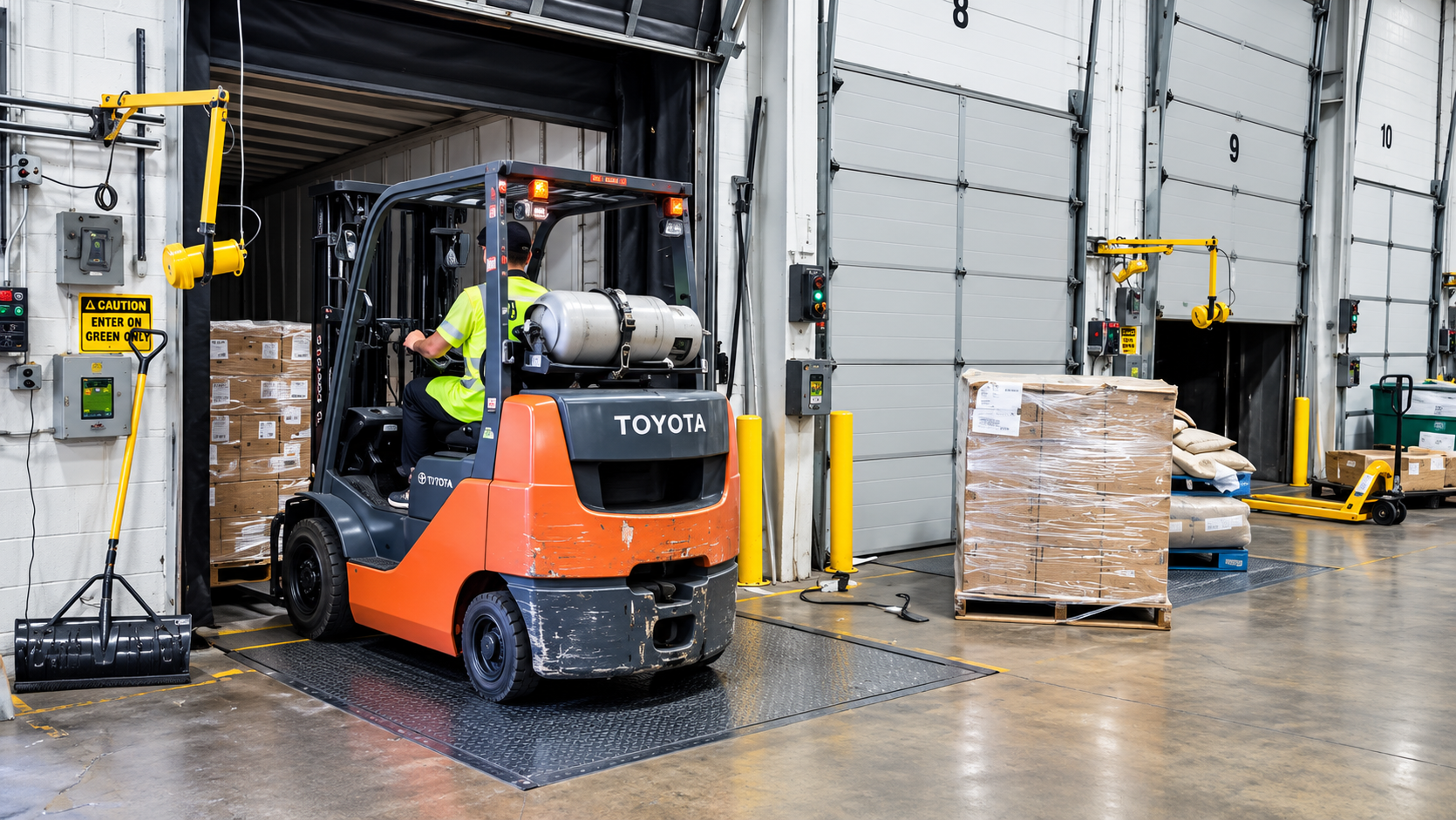 Semi-trailer backed into a dock door, doors open, forklift mid-unload