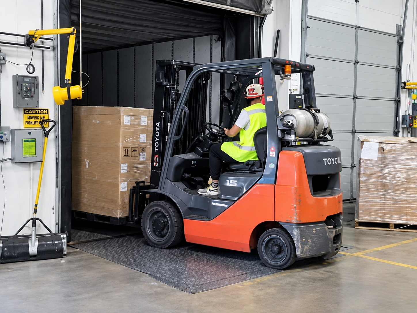 Pallet on a forklift moving directly between two backed-in trailers
