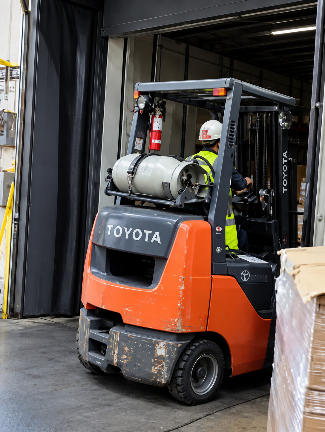Forklift actively lifting and moving a pallet, mid-action