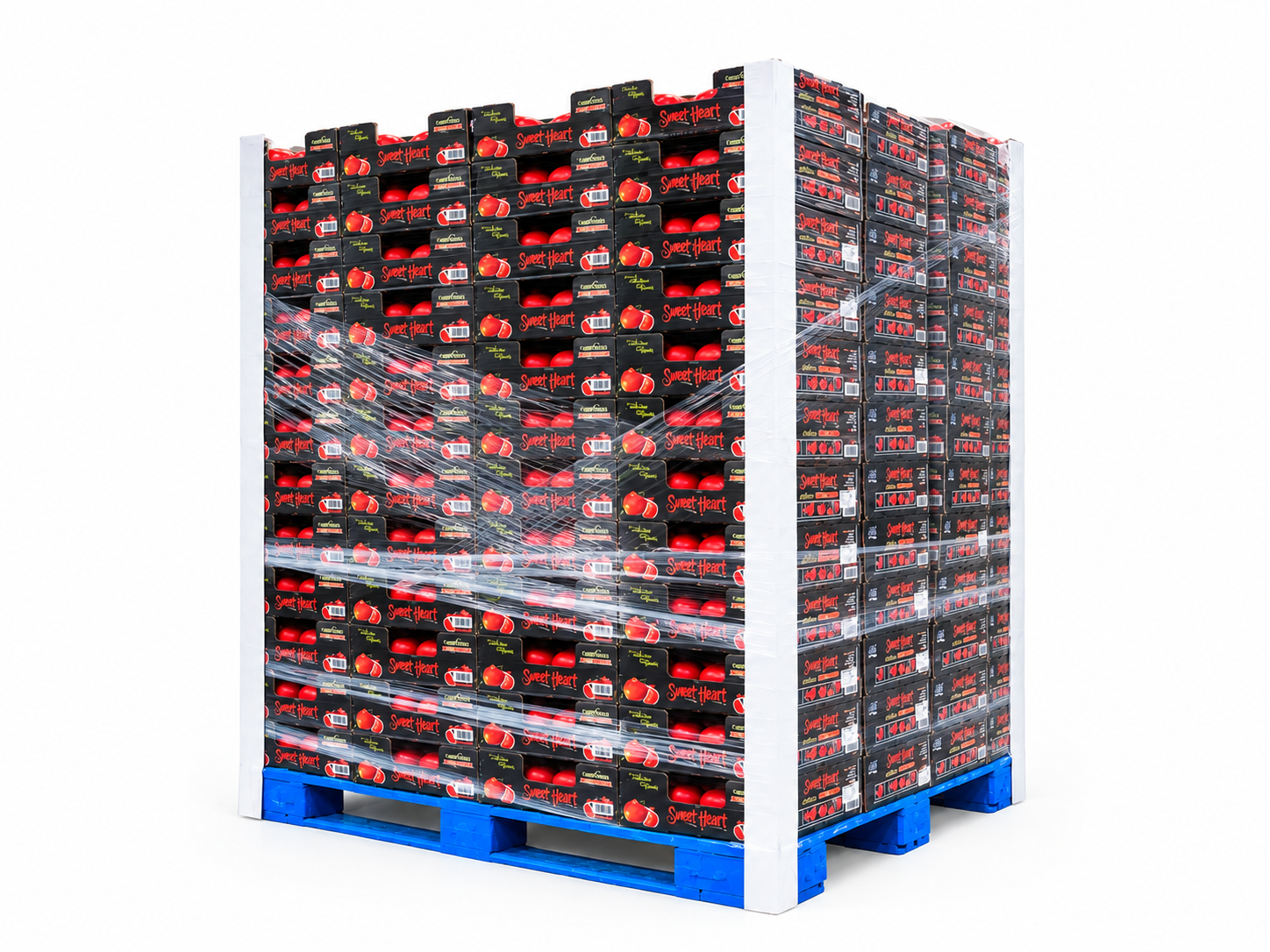 Worker re-wrapping a leaning pallet stack with shrink wrap