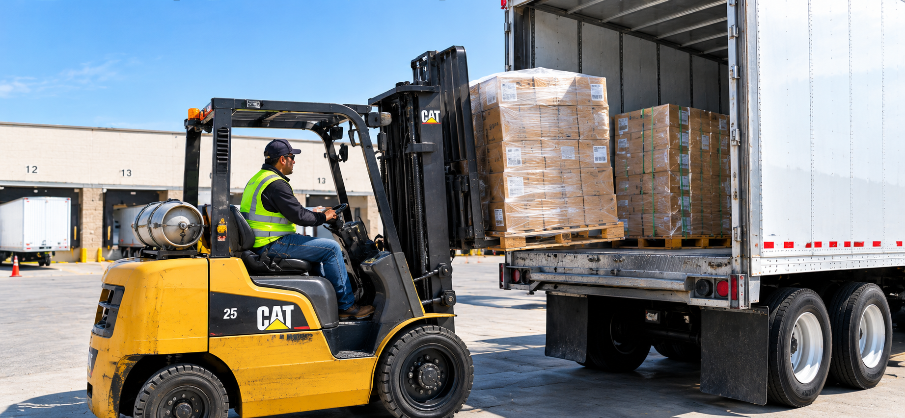 Forklift and worker sorting boxes and pallets on the dock floor